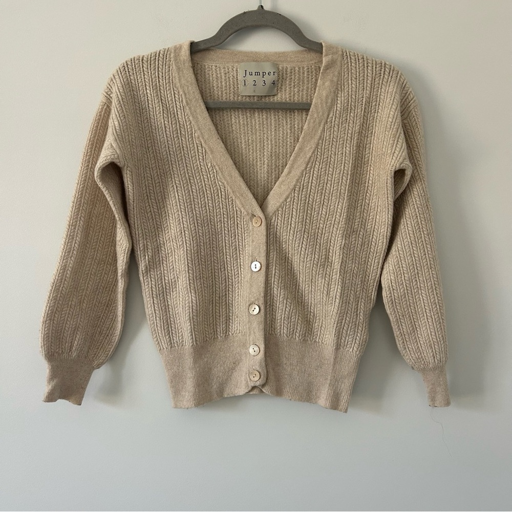 Jumper 1234 Oatmeal Cashmere V Neck Neutral Button Down Balloon Sleeve Sweater 1
